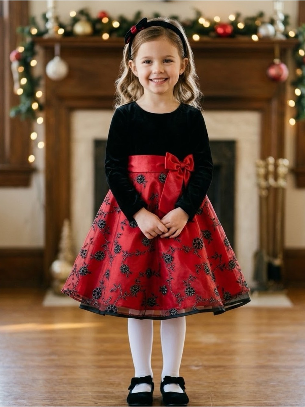 Classic Red & Black Holiday Bow Dress for Girls Size 5